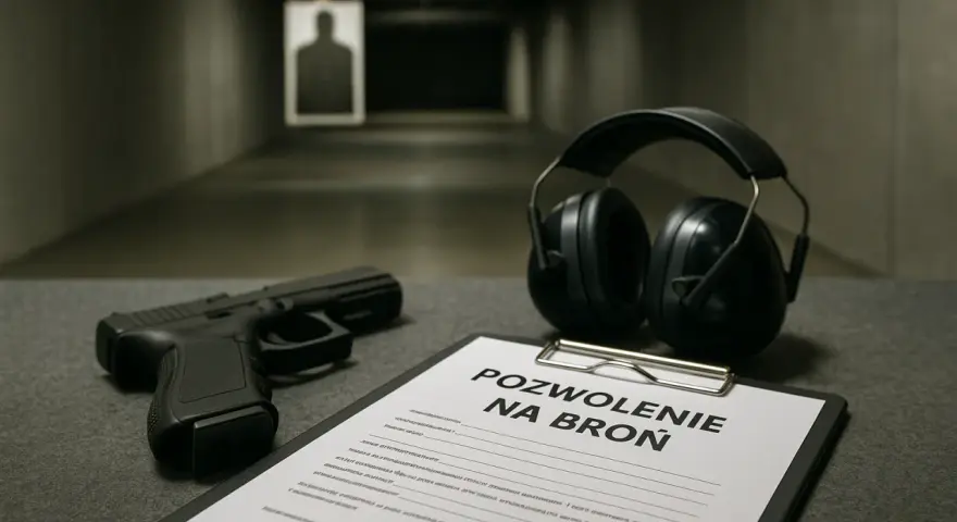 Pistolet, słuchawki i formularz "Pozwolenie na broń" na strzelnicy.