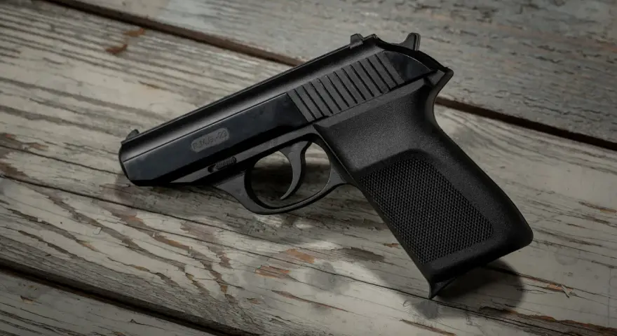 Czarny pistolet P.M.G.-23 leżący na zniszczonej drewnianej desce.